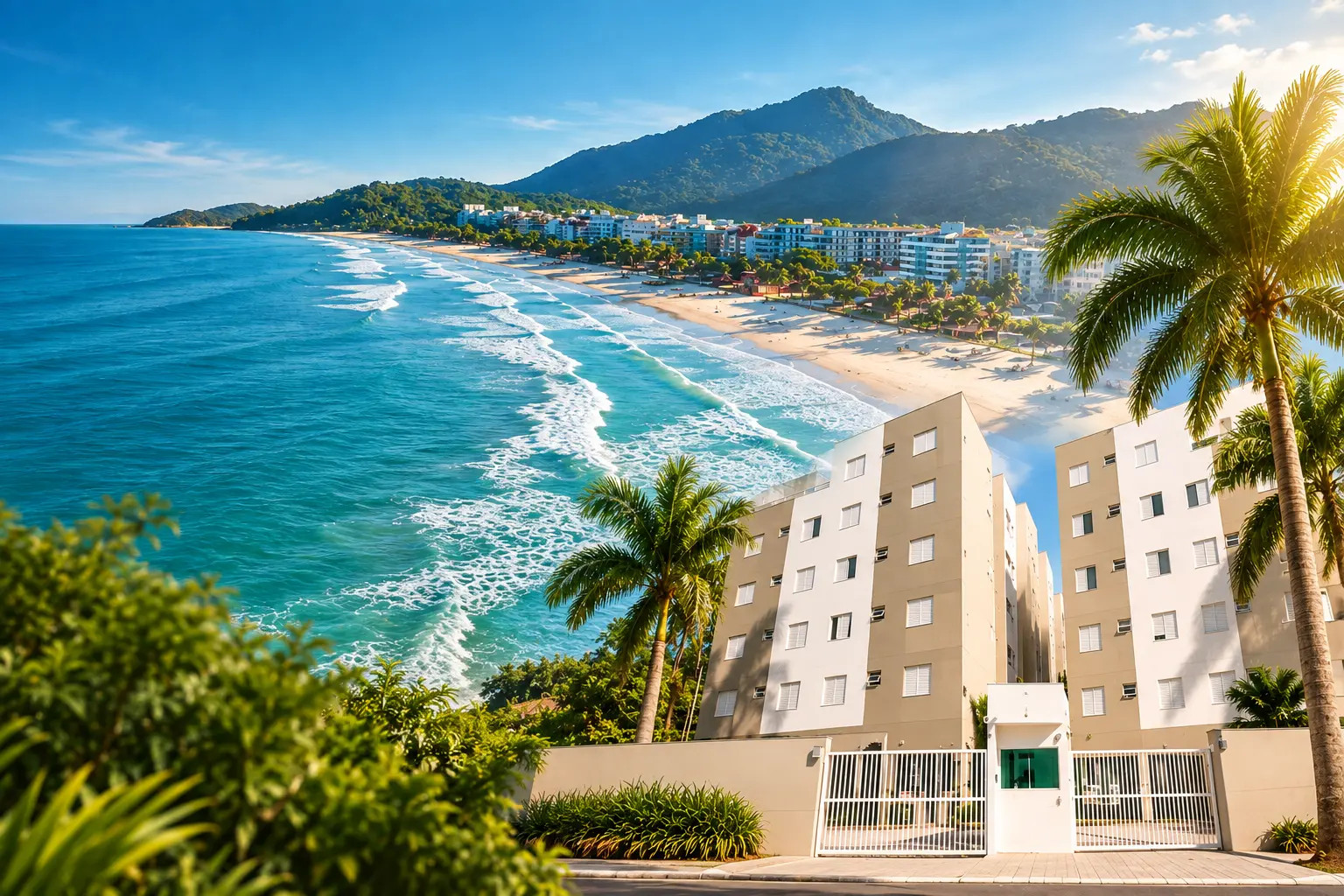 Vista panorâmica da orla de Ubatuba, com praia de águas azuis e montanhas ao fundo