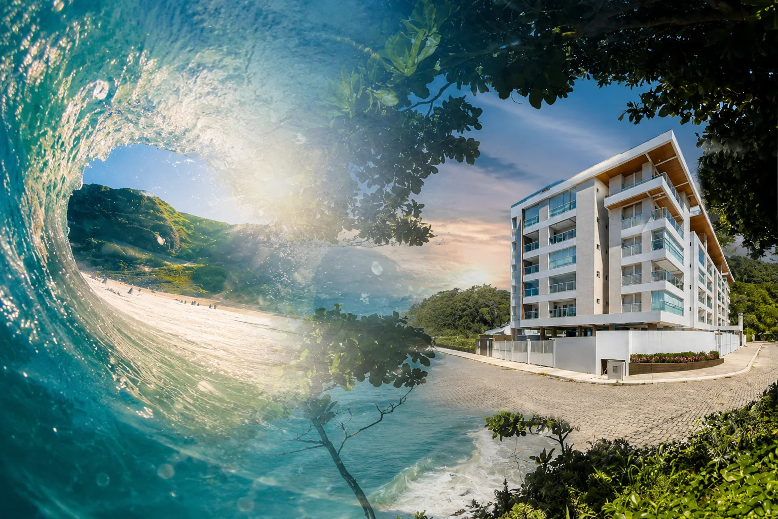 Residencial Ágata visto da Praia das Toninhas, Ubatuba, prédio à beira-mar com tubo de onda em primeiro plano