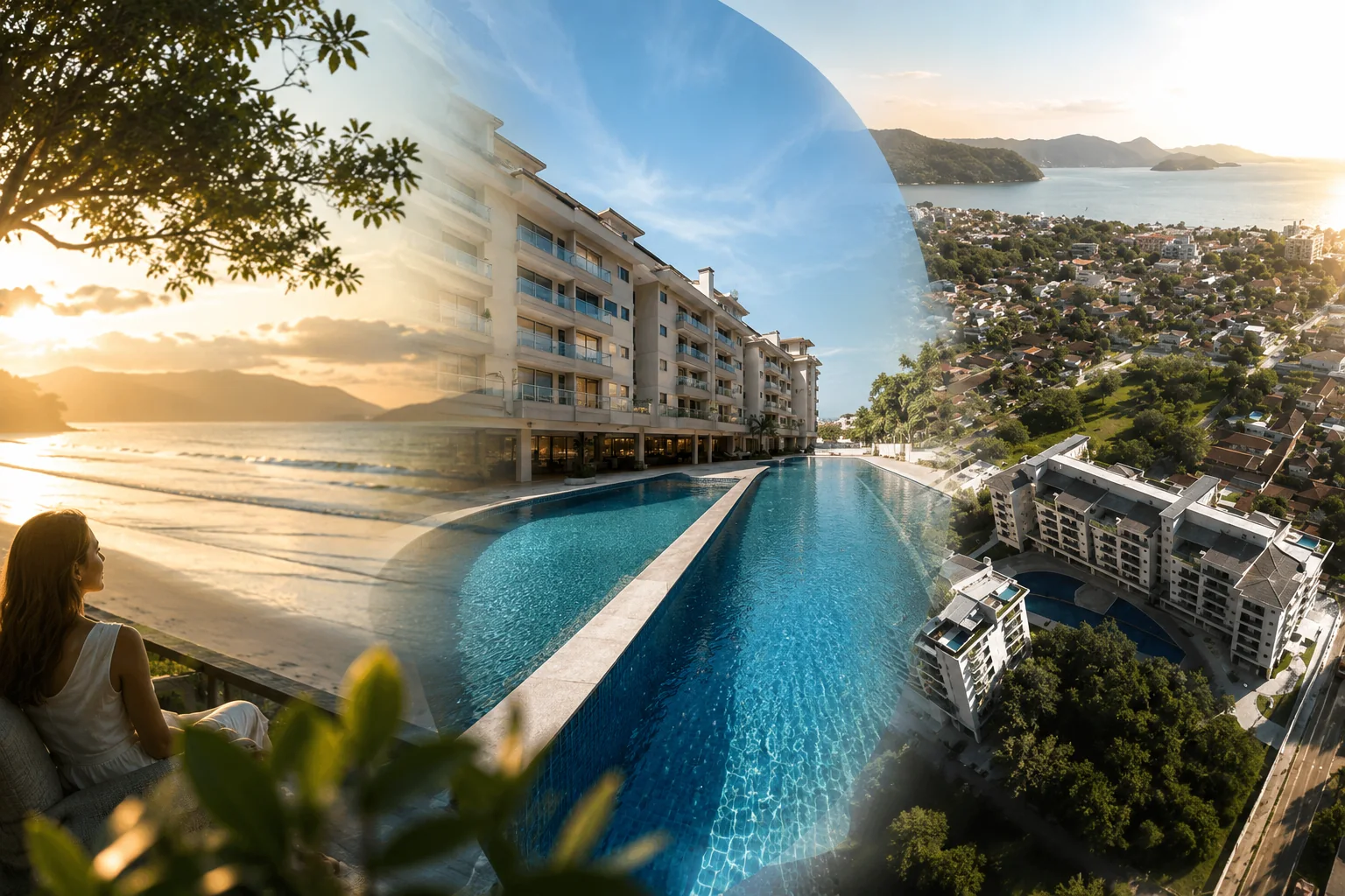 Duo Itaguá em Ubatuba: vista da varanda para a piscina, a praia do Itaguá ao pôr do sol e a aérea do condomínio