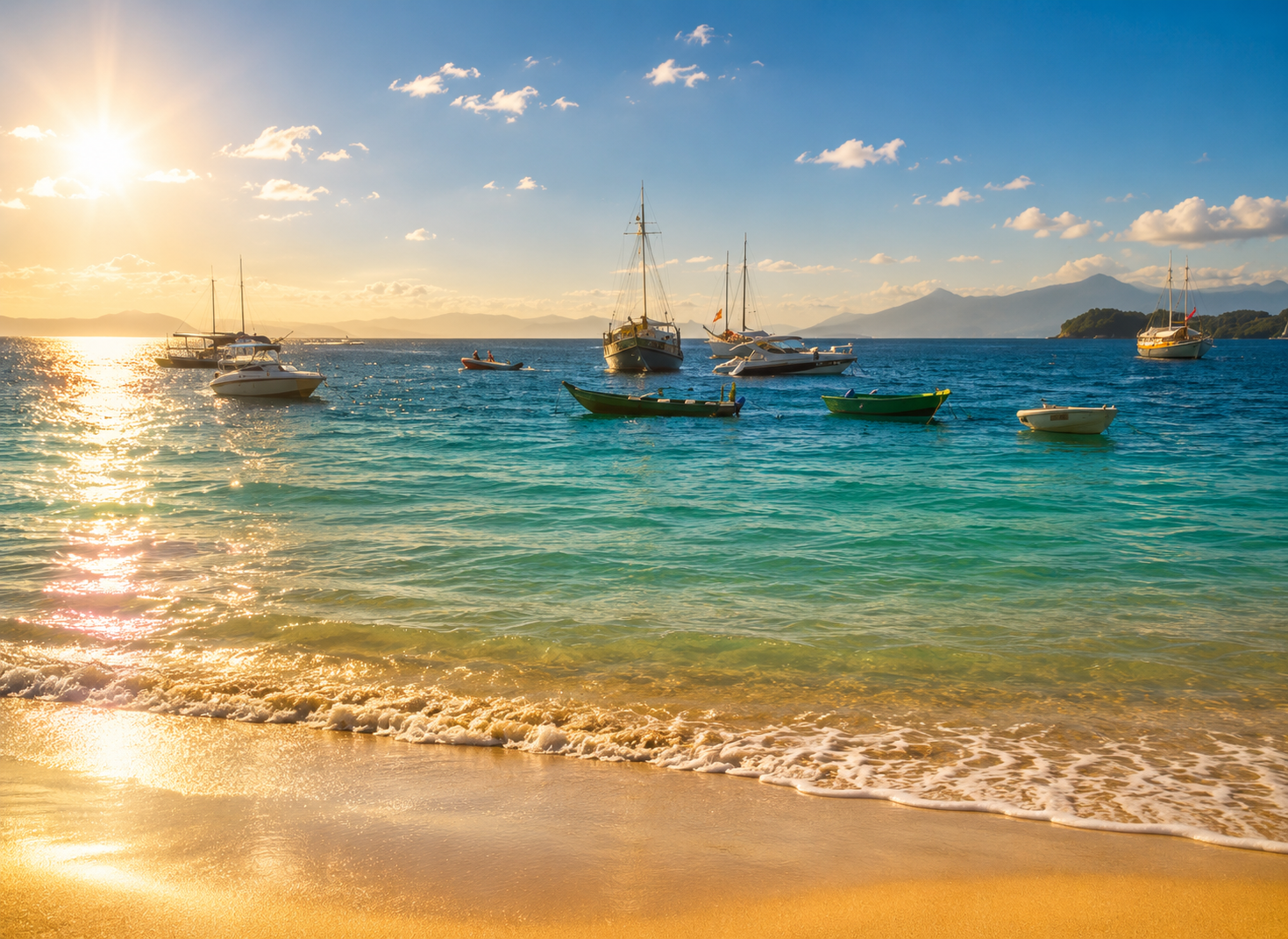 Águas turquesas e barcos ancorados pertinho do imóvel