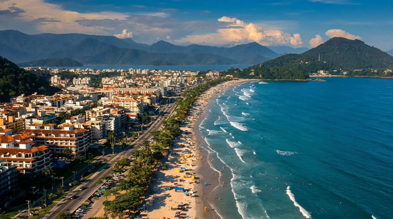 Vista aérea da Praia Grande de Ubatuba, com faixa de areia, mar e Serra do Mar ao fundo