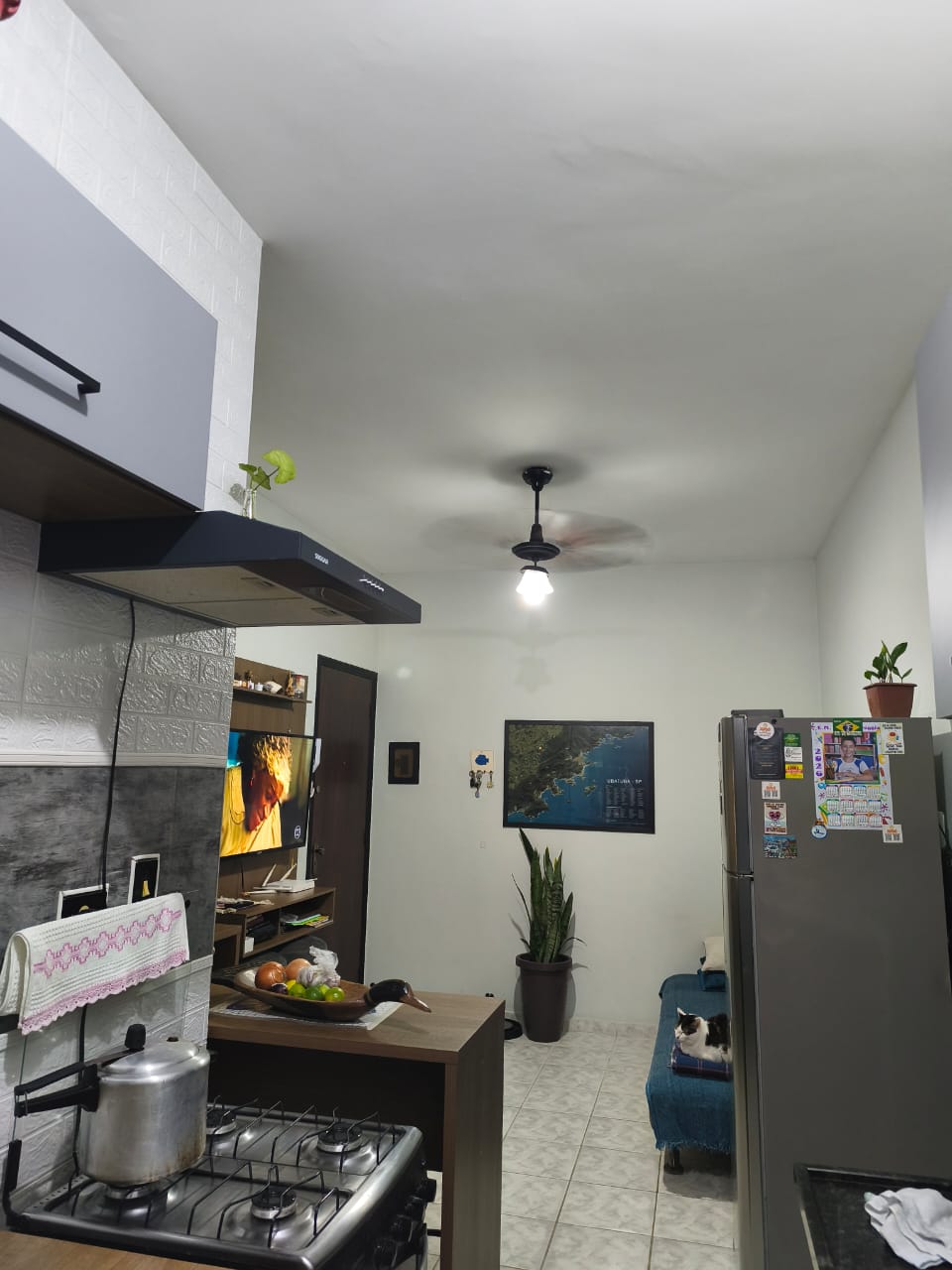 Sala integrada com cozinha americana, ventilador de teto e painel de TV no apartamento de 50 m² em Itaguá